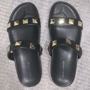Marc Fisher Black and Gold Sandals